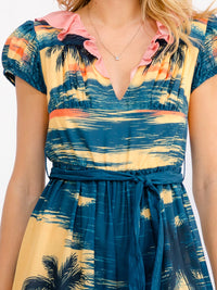 WOMEN'S SHORT SLEEVE V-NECK SELF TIE ELASTIC WAIST WIDE LEG MULTI PRINT JUMPSUIT
