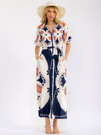 WOMEN'S SHORT SLEEVE BUTTON FRONT POCKETS MULTI PRINT MAXI DRESS