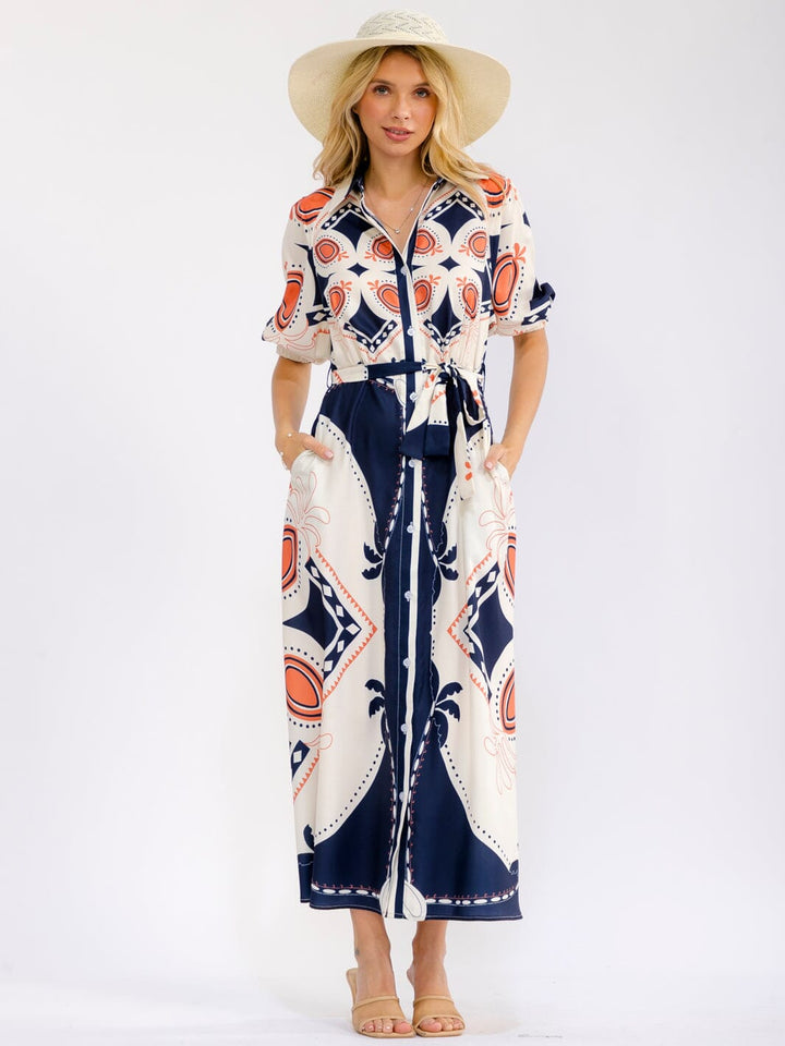 WOMEN'S SHORT SLEEVE BUTTON FRONT POCKETS MULTI PRINT MAXI DRESS