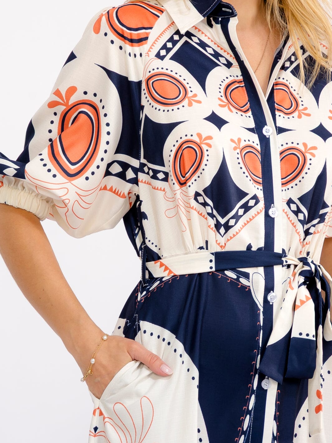 WOMEN'S SHORT SLEEVE BUTTON FRONT POCKETS MULTI PRINT MAXI DRESS