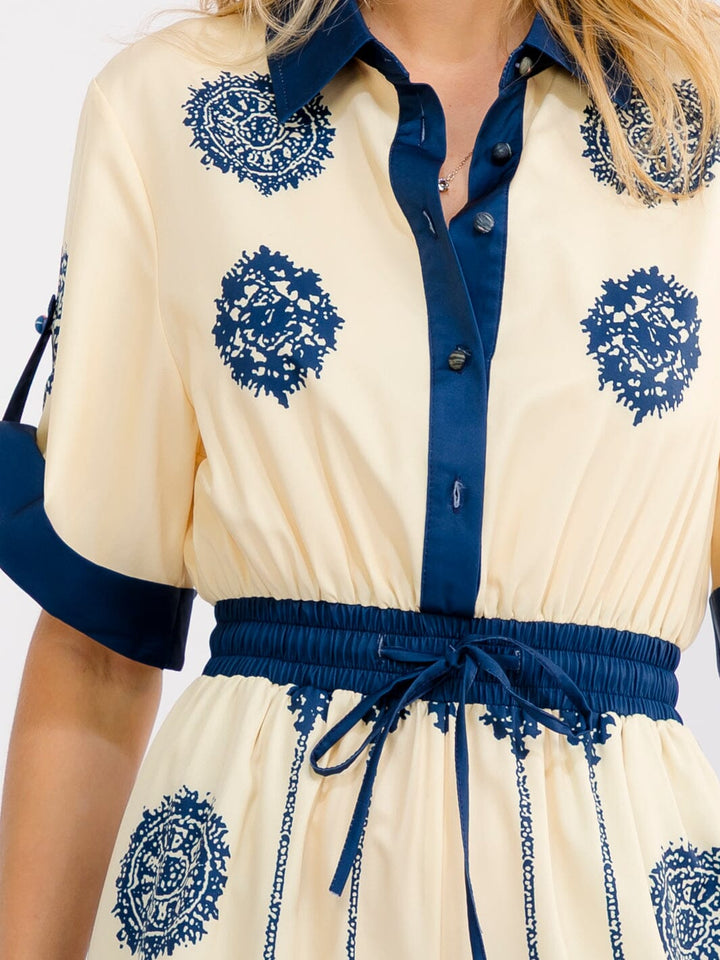 WOMEN'S SHORT SLEEVE ELASTIC WAIST FRONT POCKETS BUTTON UP WIDE LEG MULTI PRINT JUMPSUIT