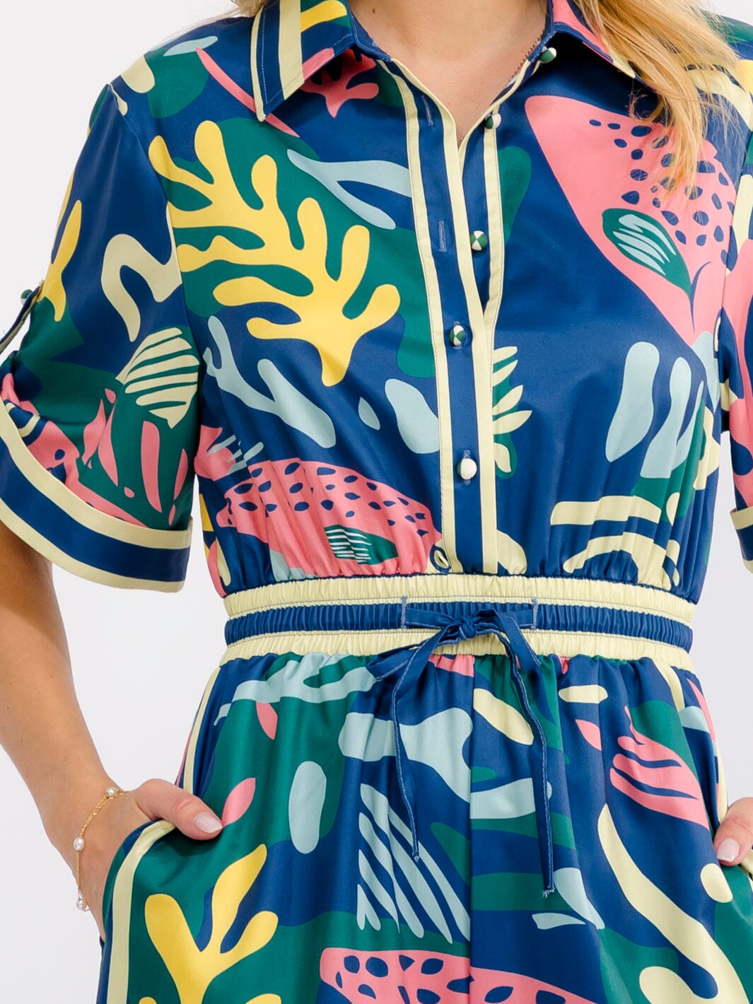 WOMEN'S SHORT SLEEVE BUTTON UP ELASTIC WAIST POCKETS WIDE LEG MULTI PRINT JUMPSUIT