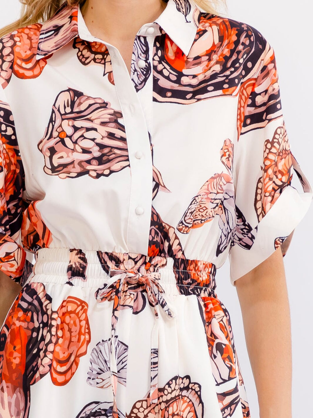 WOMEN'S SHORT SLEEVE BUTTON UP ELASTIC WAIST POCKETS WIDE LEG MULTI PRINT JUMPSUIT