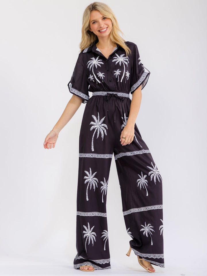 WOMEN'S SHORT SLEEVE BUTTON UP ELASTIC WAIST POCKETS WIDE LEG MULTI PRINT JUMPSUIT