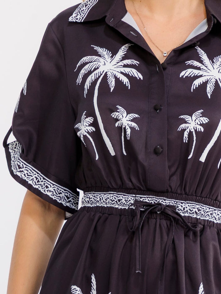 WOMEN'S SHORT SLEEVE BUTTON UP ELASTIC WAIST POCKETS WIDE LEG MULTI PRINT JUMPSUIT