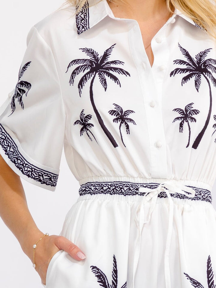 WOMEN'S SHORT SLEEVE BUTTON UP ELASTIC WAIST POCKETS WIDE LEG MULTI PRINT JUMPSUIT