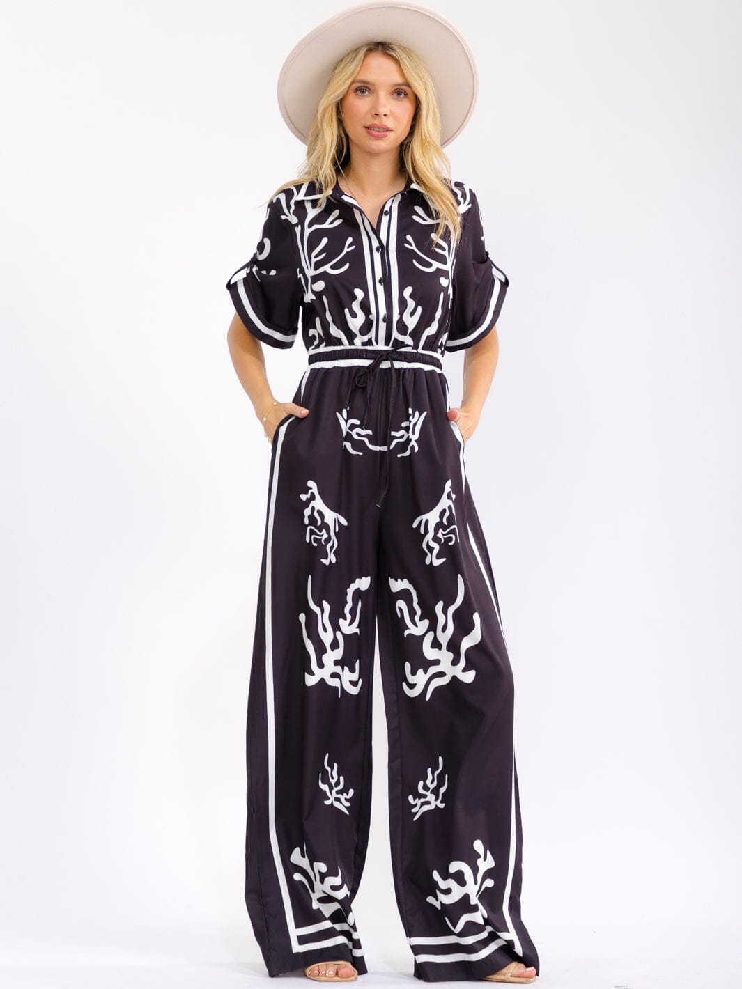 WOMEN'S SHORT SLEEVE BUTTON UP ELASTIC WAIST POCKETS WIDE LEG MULTI PRINT JUMPSUIT