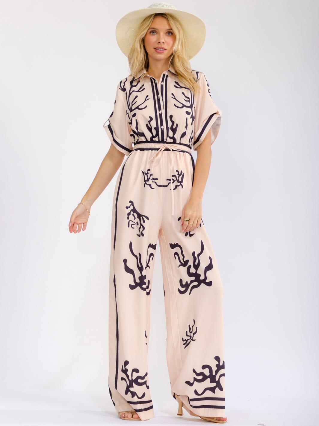 WOMEN'S SHORT SLEEVE BUTTON UP ELASTIC WAIST POCKETS WIDE LEG MULTI PRINT JUMPSUIT