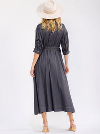 WOMEN'S SHORT SLEEVE BUTTON UP FRONT POCKETS BELTED MAXI DRESS
