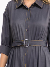 WOMEN'S SHORT SLEEVE BUTTON UP FRONT POCKETS BELTED MAXI DRESS