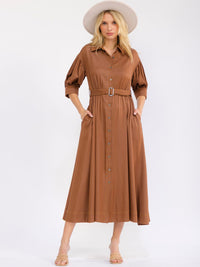WOMEN'S SHORT SLEEVE BUTTON UP FRONT POCKETS BELTED MAXI DRESS