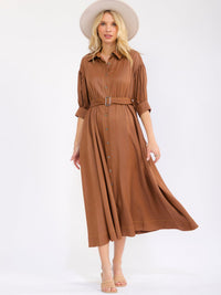 WOMEN'S SHORT SLEEVE BUTTON UP FRONT POCKETS BELTED MAXI DRESS