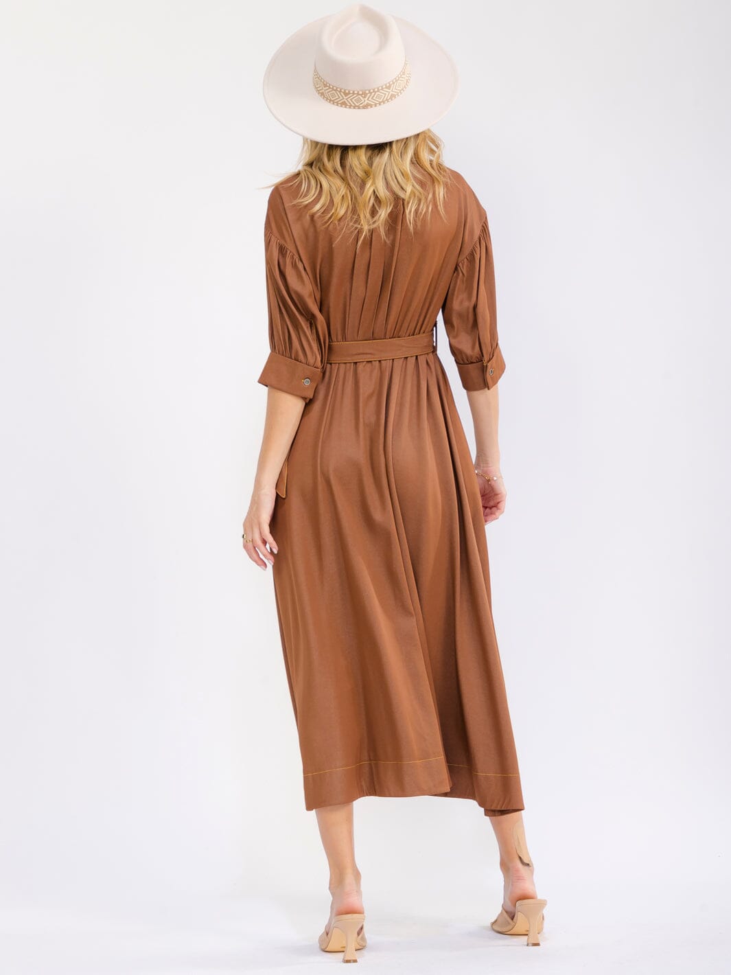 WOMEN'S SHORT SLEEVE BUTTON UP FRONT POCKETS BELTED MAXI DRESS