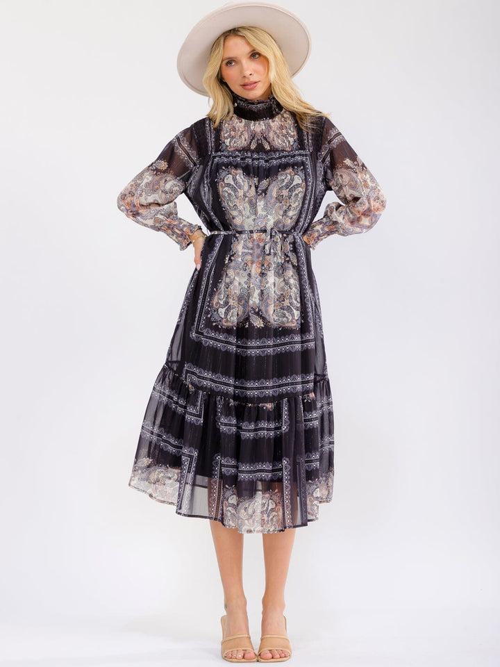 WOMEN'S LONG SLEEVE MOCK NECK SMOCK SELF TIE MULTI PRINT MIDI DRESS