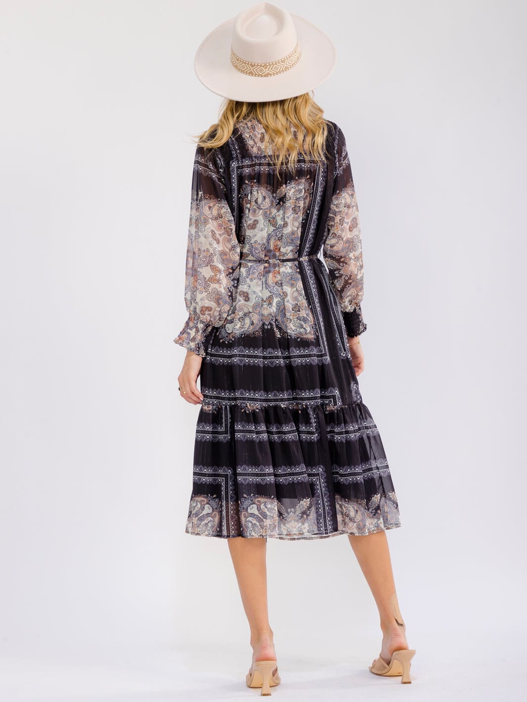 WOMEN'S LONG SLEEVE MOCK NECK SMOCK SELF TIE MULTI PRINT MIDI DRESS