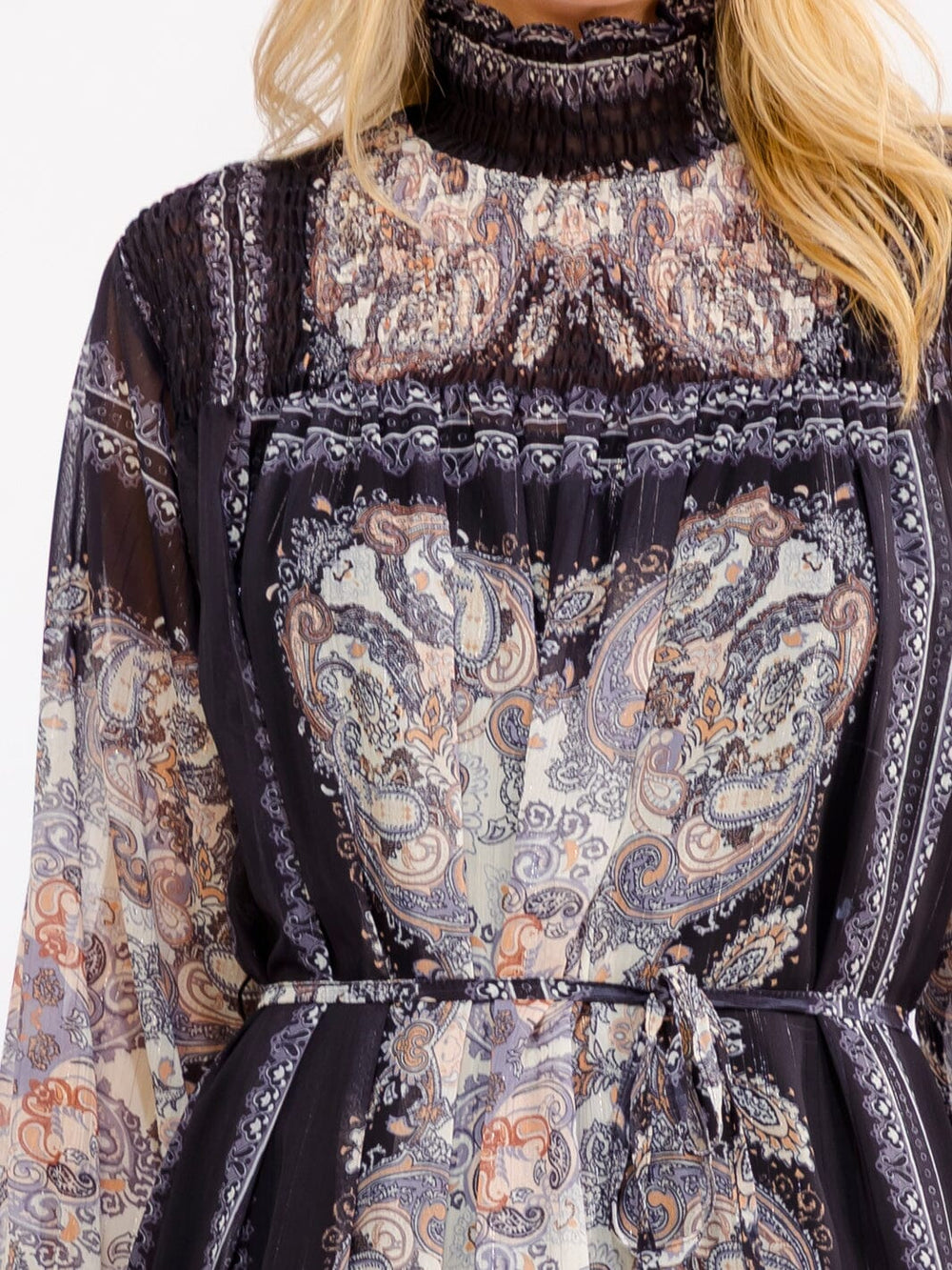WOMEN'S LONG SLEEVE MOCK NECK SMOCK SELF TIE MULTI PRINT MIDI DRESS