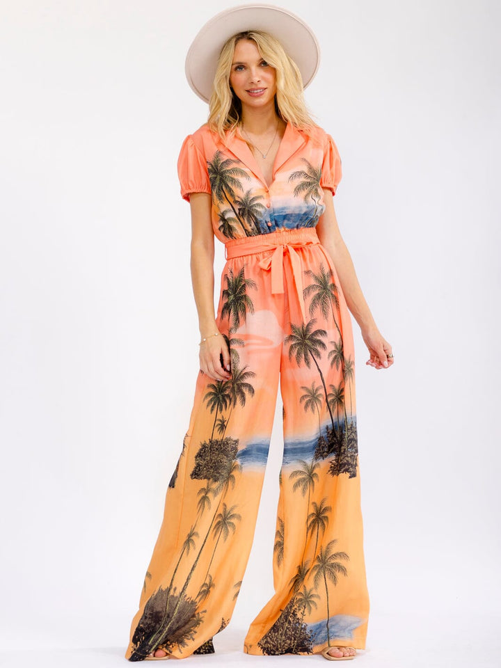 WOMEN'S SHORT SLEEVE BUTTON UP SELF TIE ELASTIC WAIST WIDE LEG MULTI PRINT JUMPSUIT