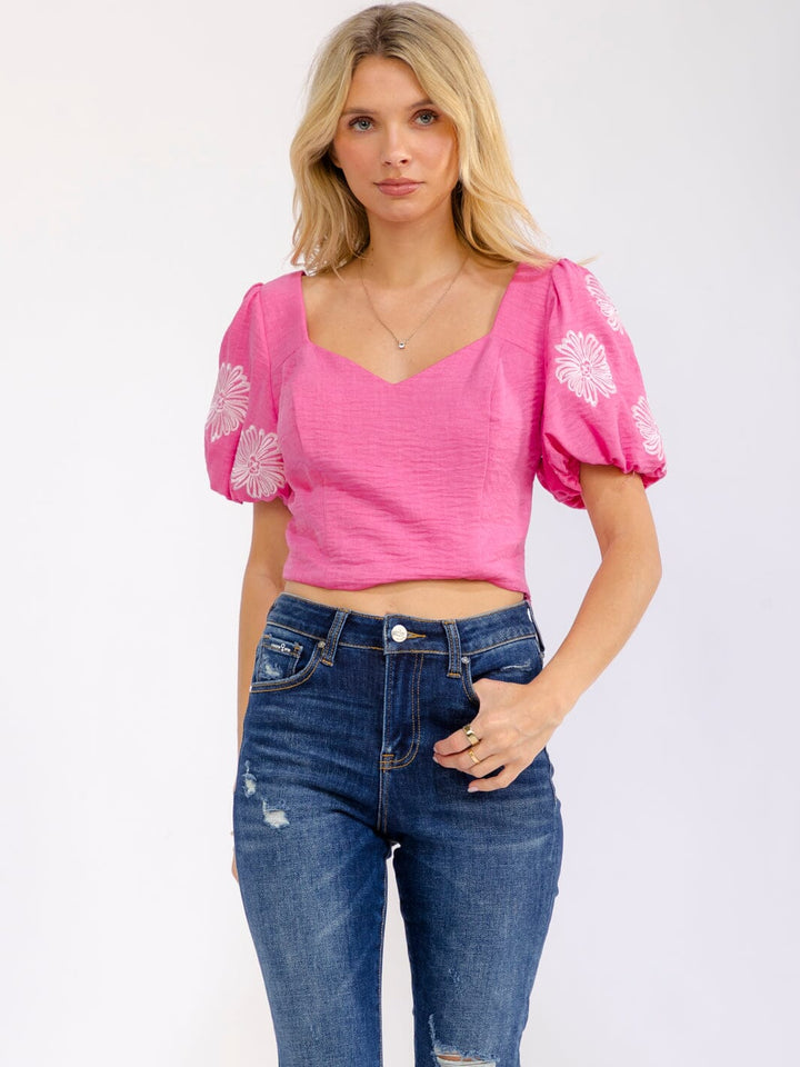 WOMEN'S SHORT PUFF SLEEVE V-NECK SMOCK STITCHED DETAILED BLOUSE