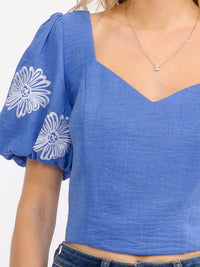 WOMEN'S SHORT PUFF SLEEVE V-NECK SMOCK STITCHED DETAILED BLOUSE