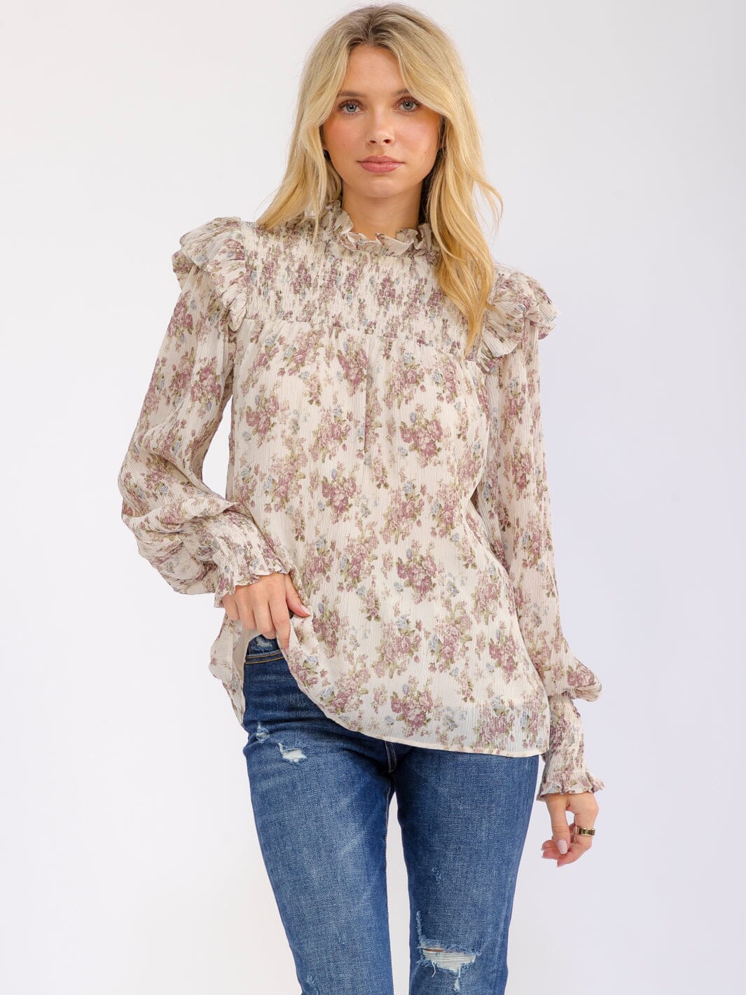 WOMEN'S LONG SLEEVE RUFFLE MOCK NECK SMOCK FLORAL BLOUSE