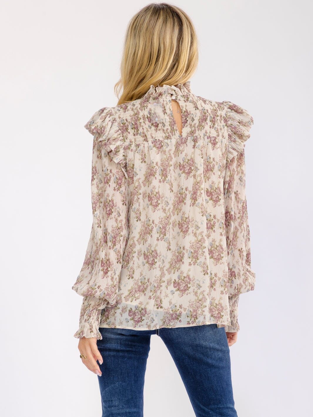 WOMEN'S LONG SLEEVE RUFFLE MOCK NECK SMOCK FLORAL BLOUSE