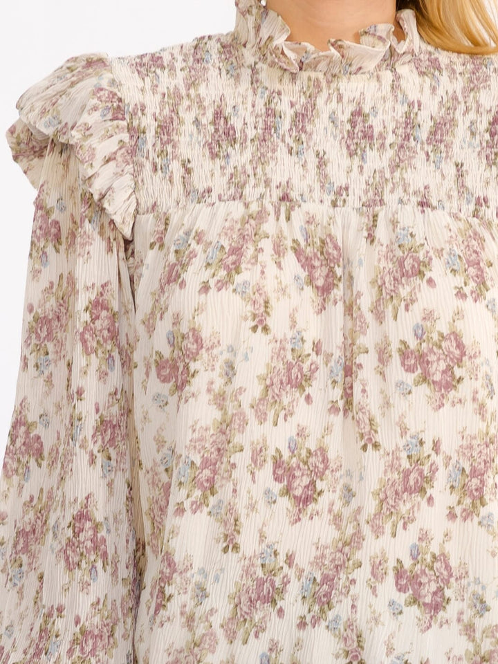WOMEN'S LONG SLEEVE RUFFLE MOCK NECK SMOCK FLORAL BLOUSE