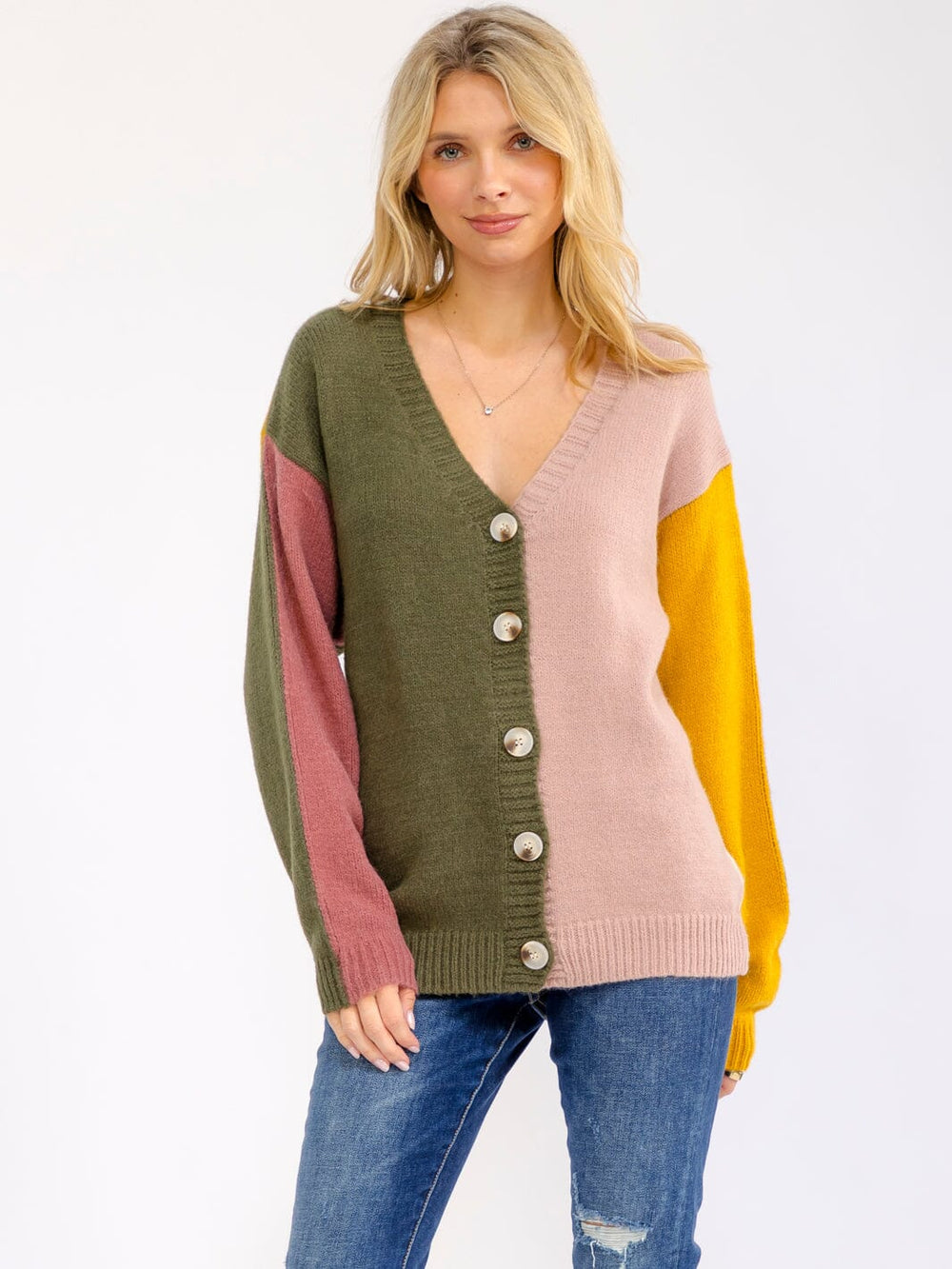 WOMEN'S LONG SLEEVE V-NECK BUTTON UP COLORBLOCK SWEATER