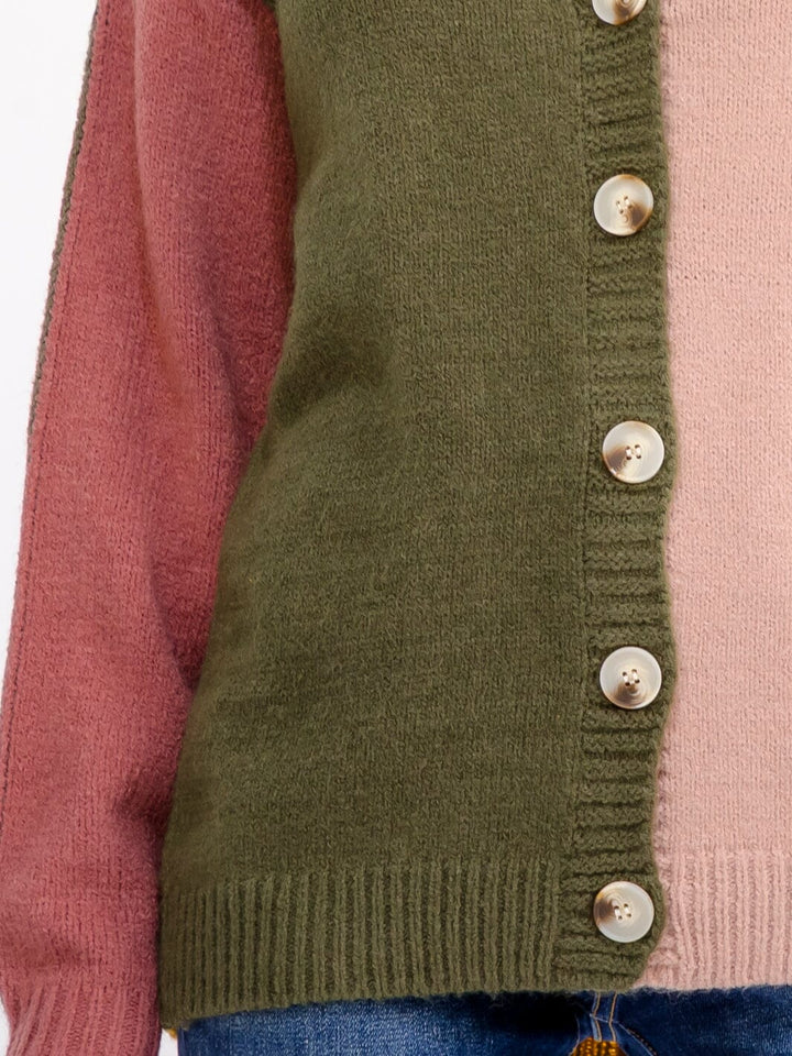 WOMEN'S LONG SLEEVE V-NECK BUTTON UP COLORBLOCK SWEATER