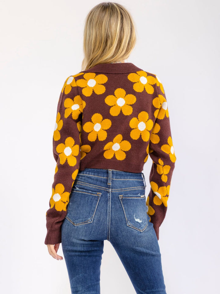 WOMEN'S LONG SLEEVE V-NECK BUTTON UP FLORAL COLORBLOCK SWEATER