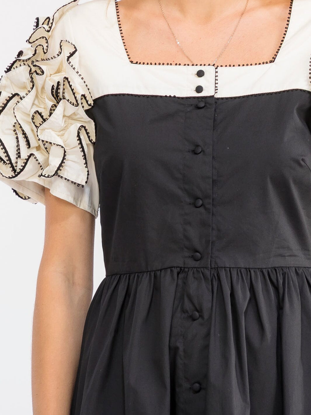 WOMEN'S SHORT RUFFLE SLEEVE SQUARE NECK BUTTON UP FIT & FLARE MINI DRESS