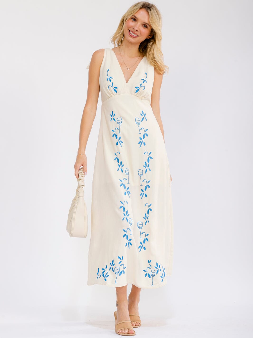 WOMEN'S SLEEVELESS V-NECK SMOCK EMBROIDERY FLORAL MAXI DRESS