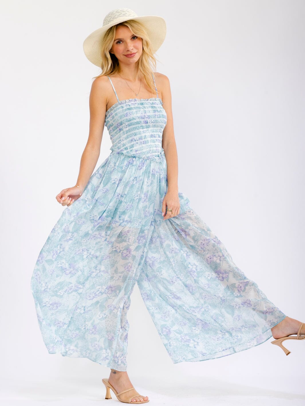 WOMEN'S SLEEVELESS FRONT POCKETS WIDE LEG SMOCK FLORAL JUMPSUIT