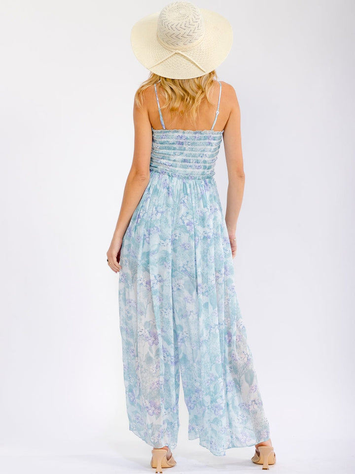 WOMEN'S SLEEVELESS FRONT POCKETS WIDE LEG SMOCK FLORAL JUMPSUIT
