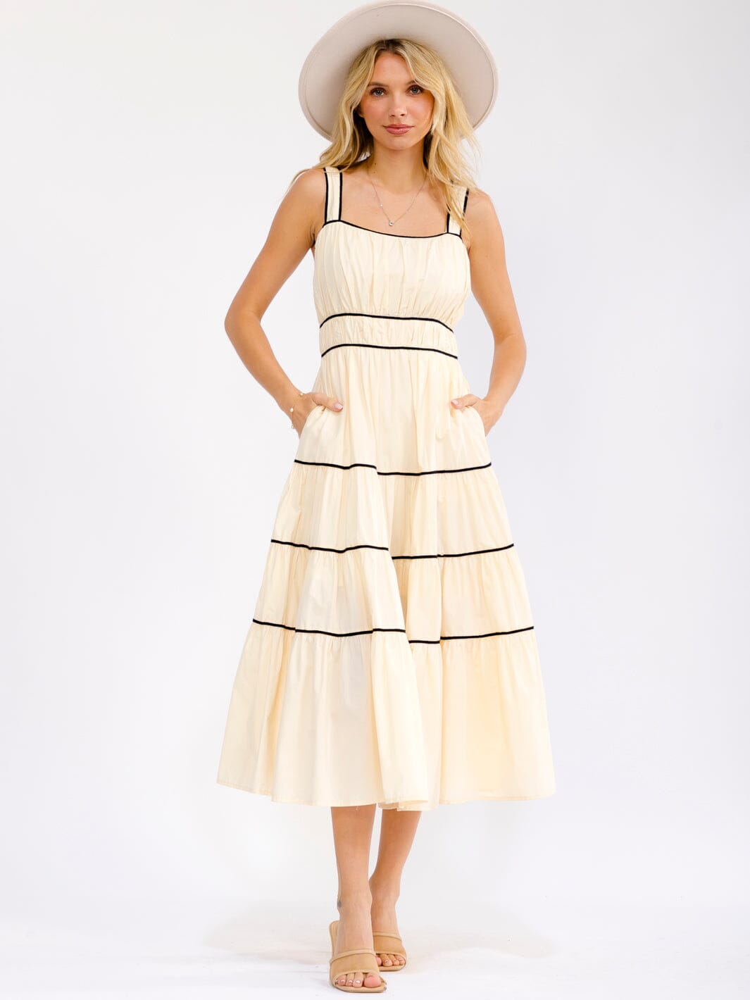 WOMEN'S SLEEVELESS FRONT POCKETS SMOCK TIERED MAXI DRESS