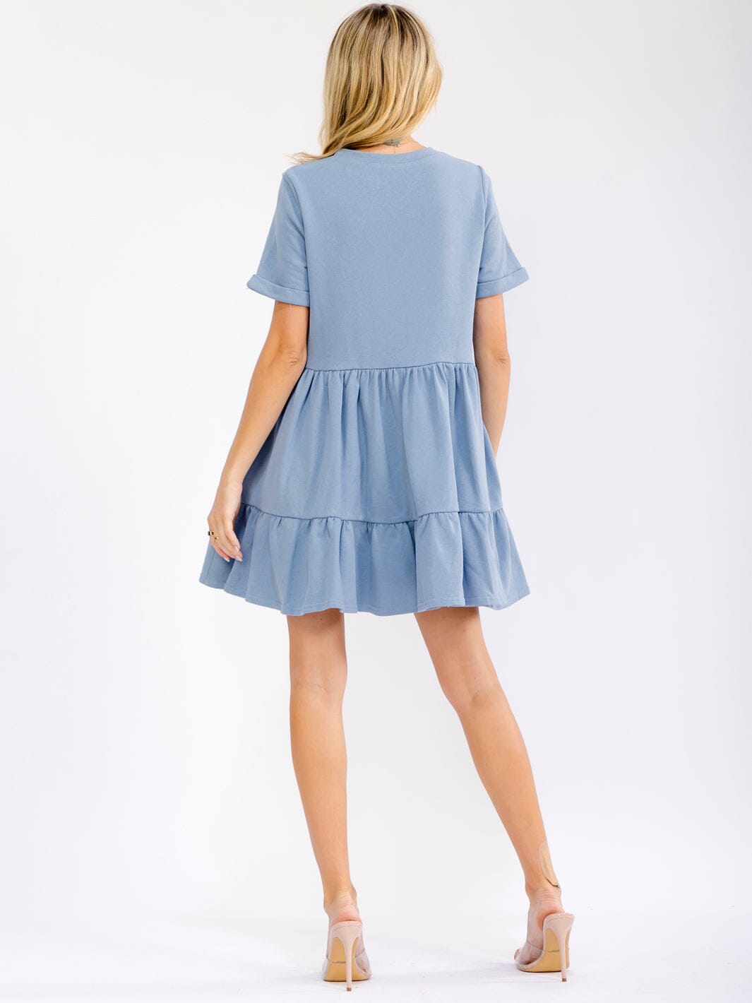 WOMEN'S SHORT SLEEVE FRONT POCKETS LOOSE FIT TIERED MINI DRESS
