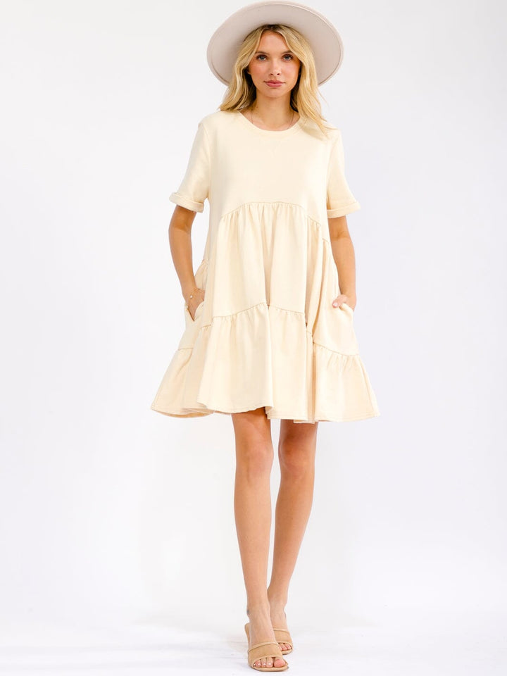 WOMEN'S SHORT SLEEVE FRONT POCKETS LOOSE FIT TIERED MINI DRESS