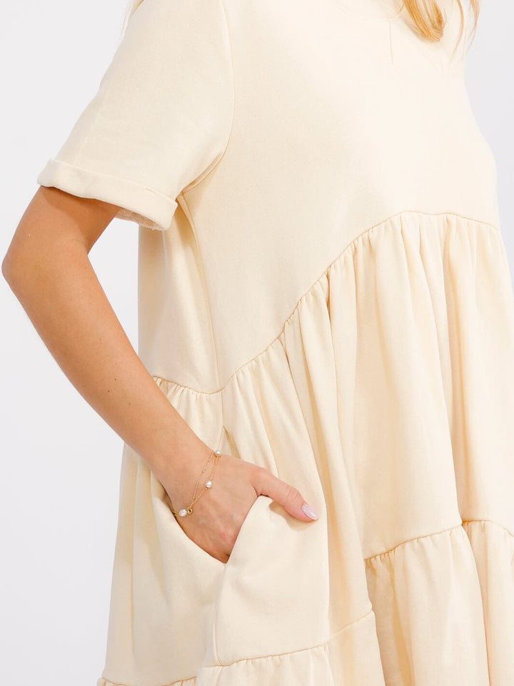 WOMEN'S SHORT SLEEVE FRONT POCKETS LOOSE FIT TIERED MINI DRESS