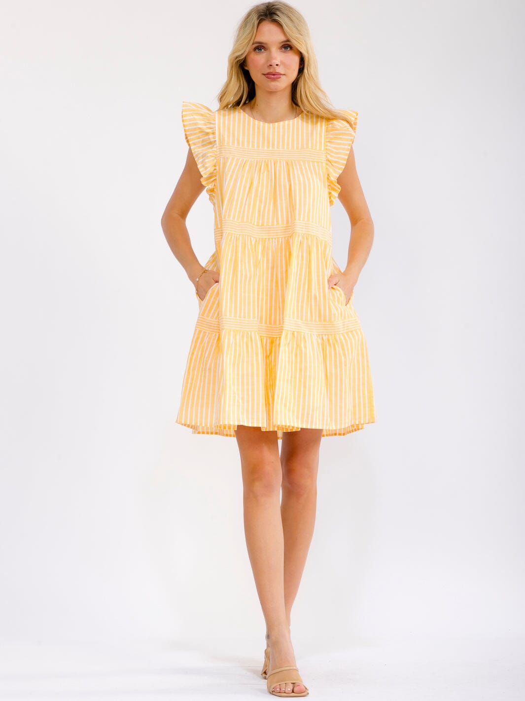 WOMEN'S RUFFLE SLEEVE FRONT POCKETS LOOSE FIT TIERED STRIPES MINI DRESS