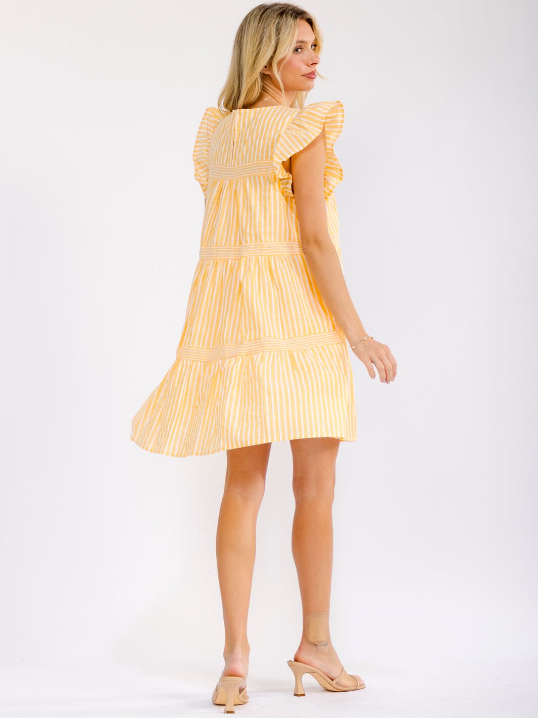 WOMEN'S RUFFLE SLEEVE FRONT POCKETS LOOSE FIT TIERED STRIPES MINI DRESS