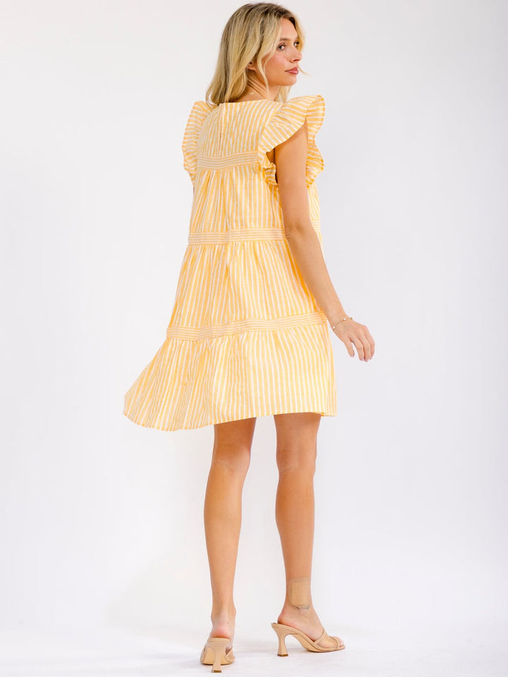 WOMEN'S RUFFLE SLEEVE FRONT POCKETS LOOSE FIT TIERED STRIPES MINI DRESS