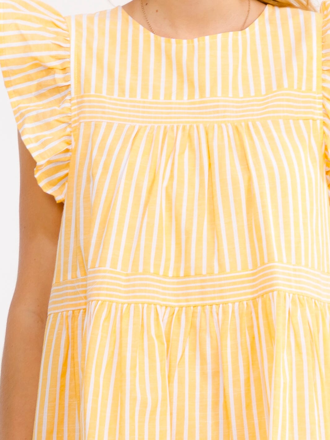 WOMEN'S RUFFLE SLEEVE FRONT POCKETS LOOSE FIT TIERED STRIPES MINI DRESS