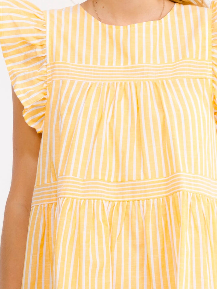 WOMEN'S RUFFLE SLEEVE FRONT POCKETS LOOSE FIT TIERED STRIPES MINI DRESS