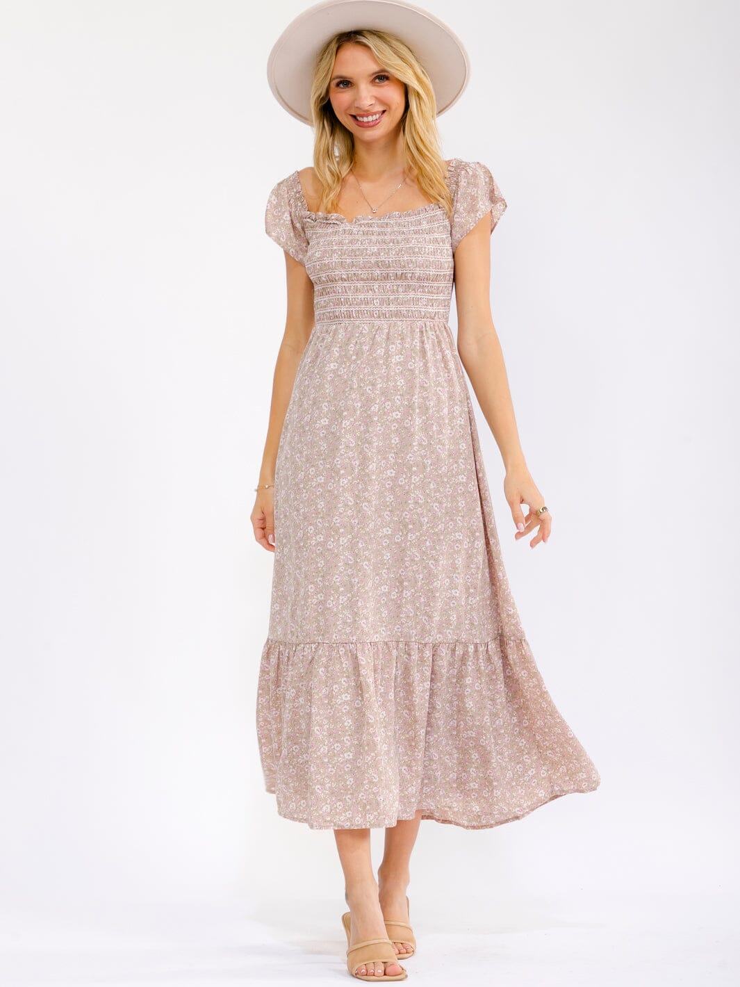 WOMEN'S SHORT SLEEVE SQUARE NECK FLORAL PRINT SMOCK MAXI DRESS