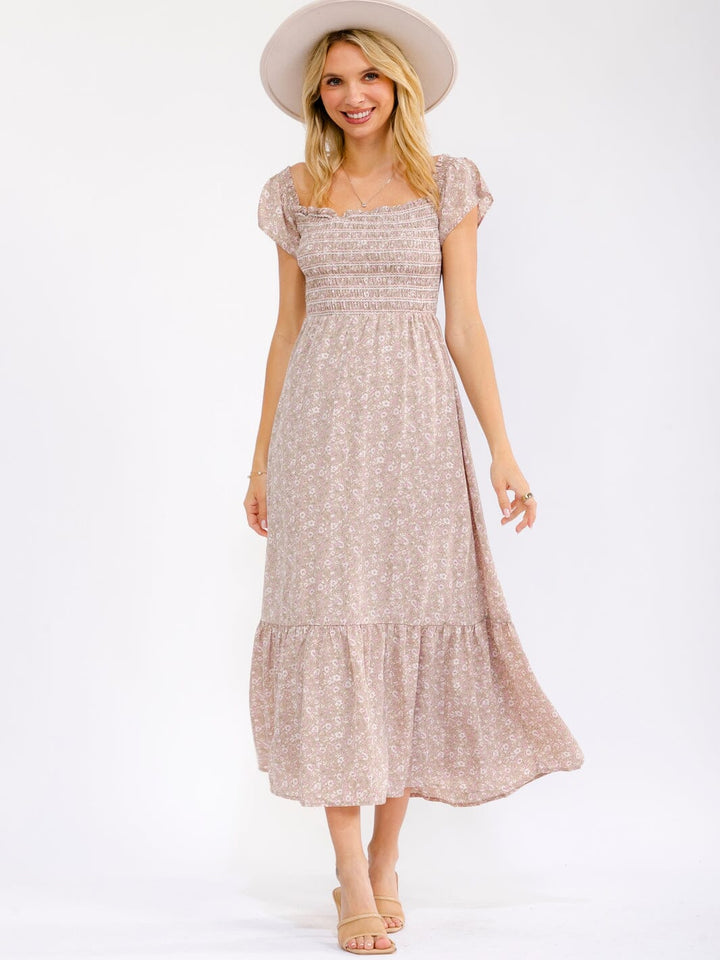 WOMEN'S SHORT SLEEVE SQUARE NECK FLORAL PRINT SMOCK MAXI DRESS