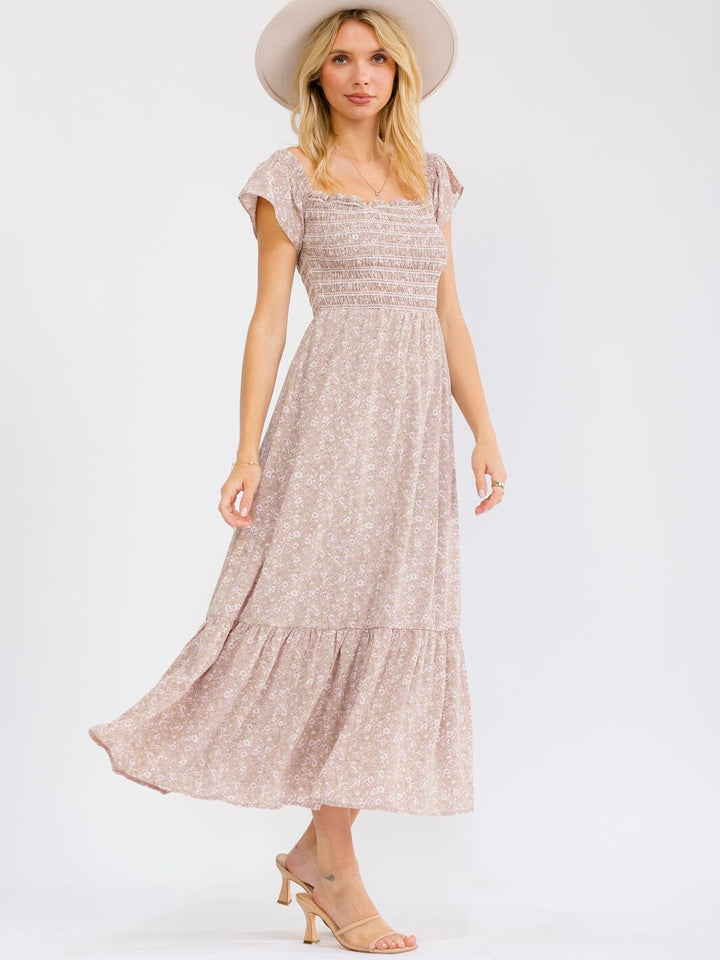 WOMEN'S SHORT SLEEVE SQUARE NECK FLORAL PRINT SMOCK MAXI DRESS