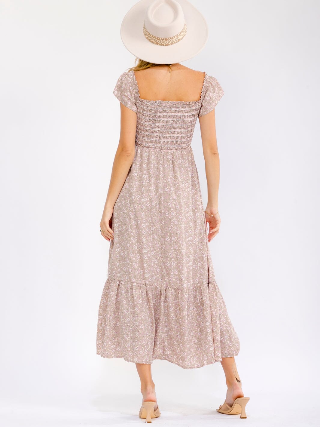 WOMEN'S SHORT SLEEVE SQUARE NECK FLORAL PRINT SMOCK MAXI DRESS