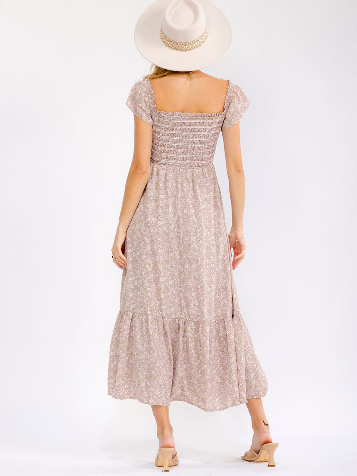 WOMEN'S SHORT SLEEVE SQUARE NECK FLORAL PRINT SMOCK MAXI DRESS