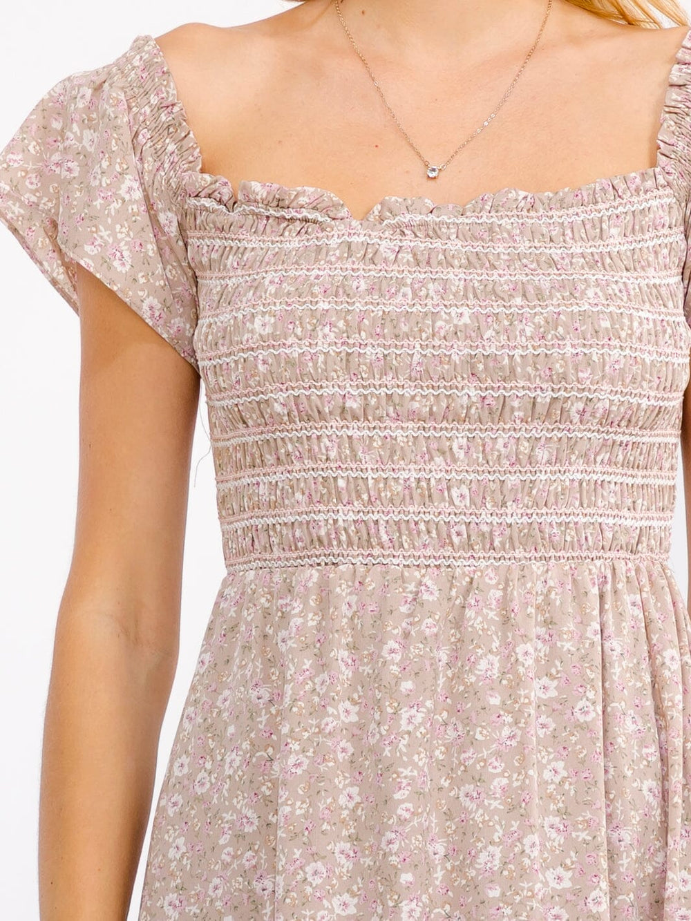 WOMEN'S SHORT SLEEVE SQUARE NECK FLORAL PRINT SMOCK MAXI DRESS