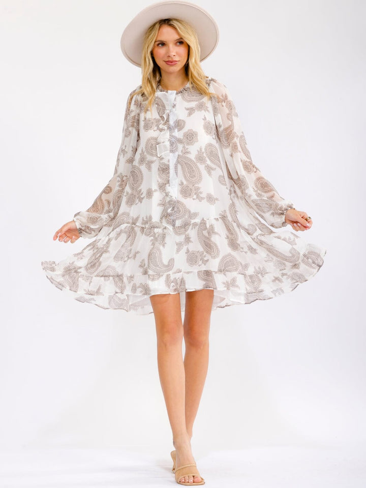 WOMEN'S LONG SLEEVE BUTTON UP PAISLEY PRINT HIGH-LOW MINI DRESS