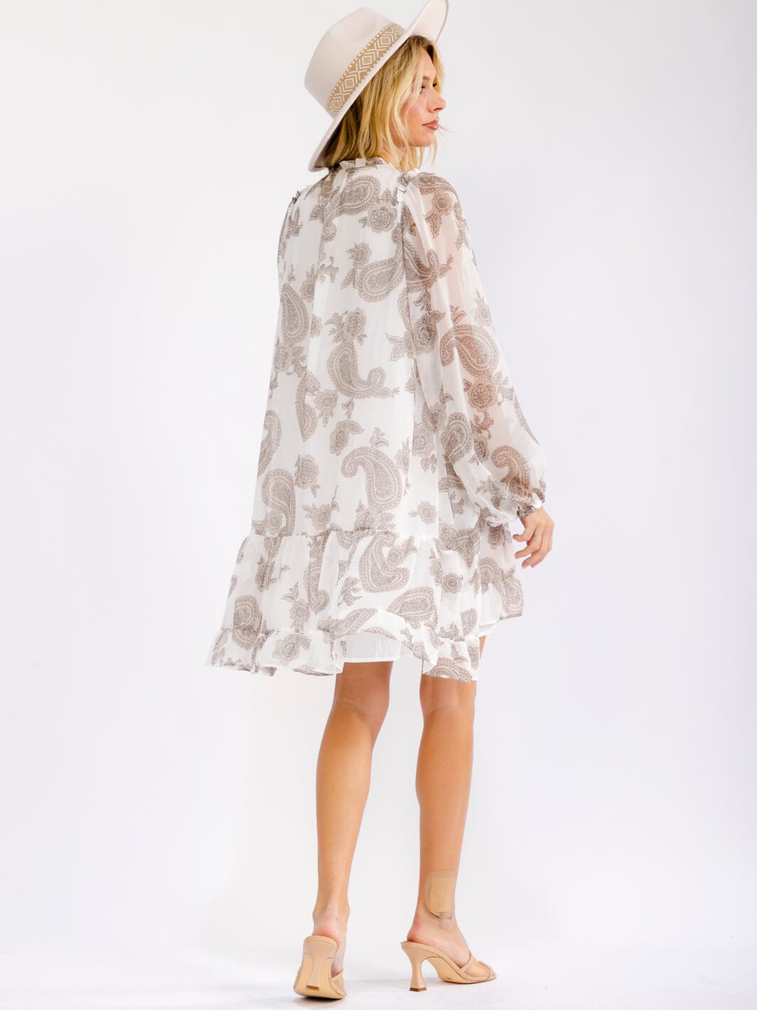 WOMEN'S LONG SLEEVE BUTTON UP PAISLEY PRINT HIGH-LOW MINI DRESS